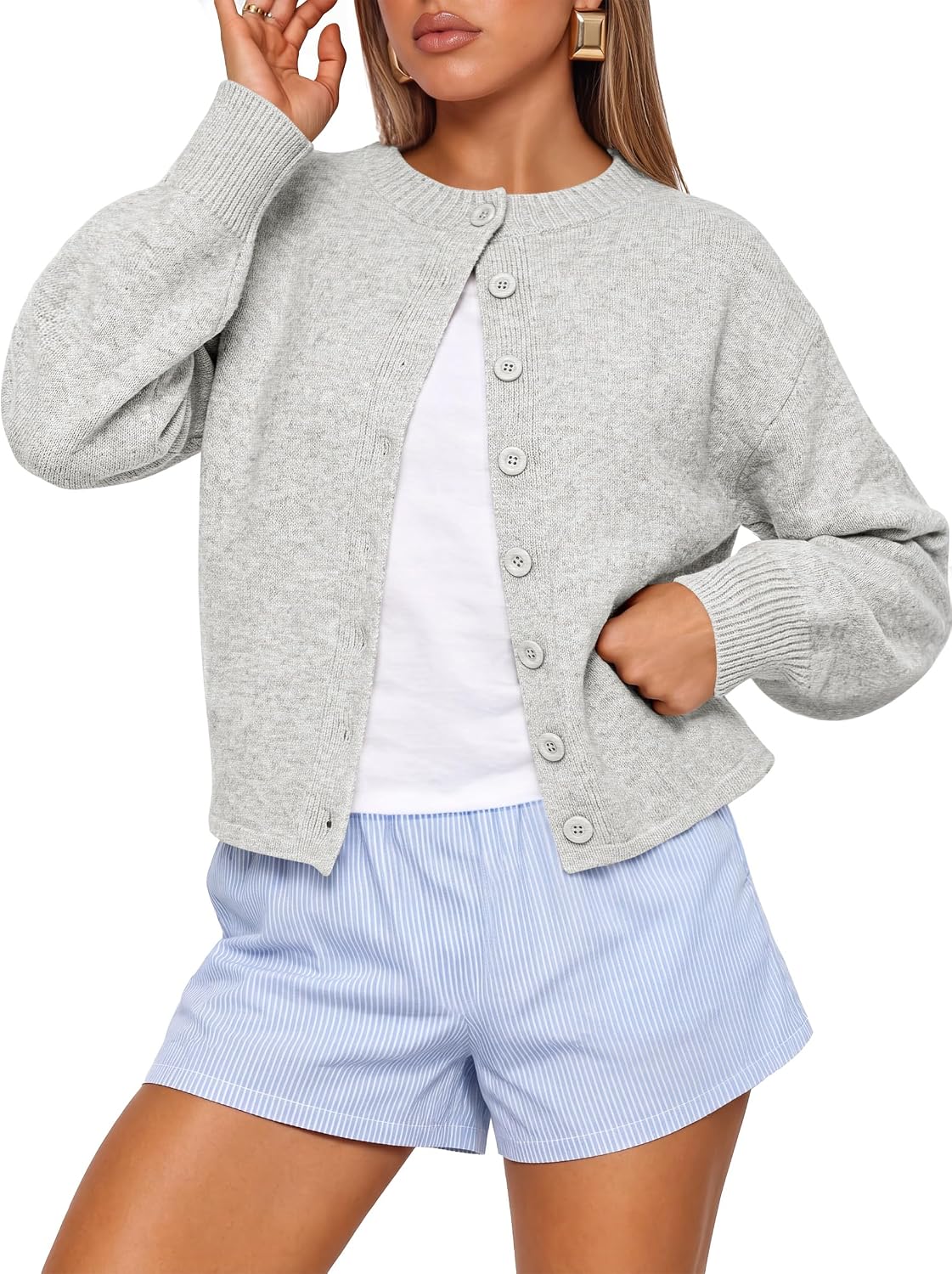 Women Loose Fit Button Down Puff Sleeve | Waist Length.Mid-Weight.Soft Cozy Knit Sweater.Long Sleeve Button Up Fall Outfits.Casual Relaxed Fit.