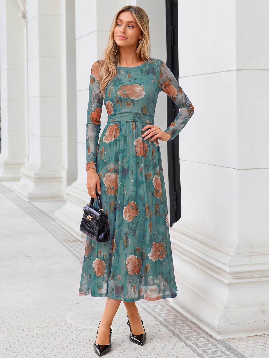 Womens Fall Floral Long Sleeve Cocktail Wedding Guest Maxi Dress | Elegant Semi Formal. Winter Holiday Party. A Line Flowy. Boho Long Dress. Ruched High Waist.