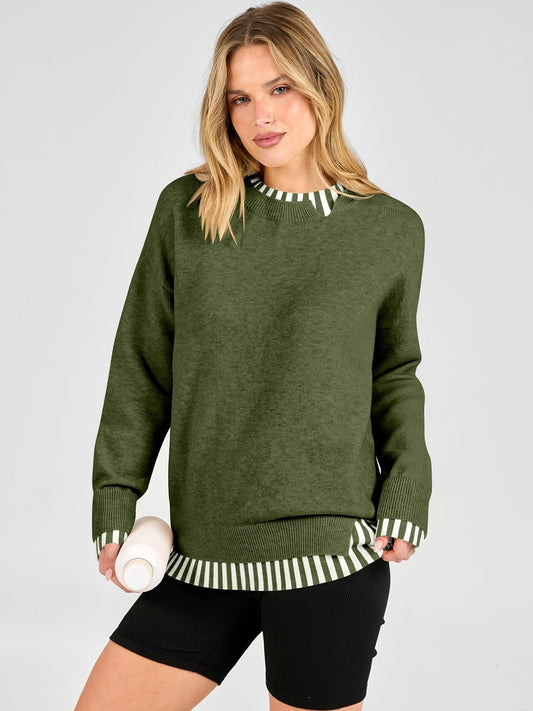Cozy Knit Teacher School Outfits for Women.Faux Layered Ribbed Trim.Long Sleeve Drop Shoulder