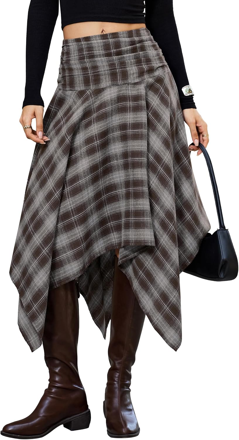 Women Asymmetrical Plaid Midi Skirt Y2k Handkerchief Fall Skirt | High Waist Long Flowy Skirt Vintage Western outfits for Concert.Festival.Casual