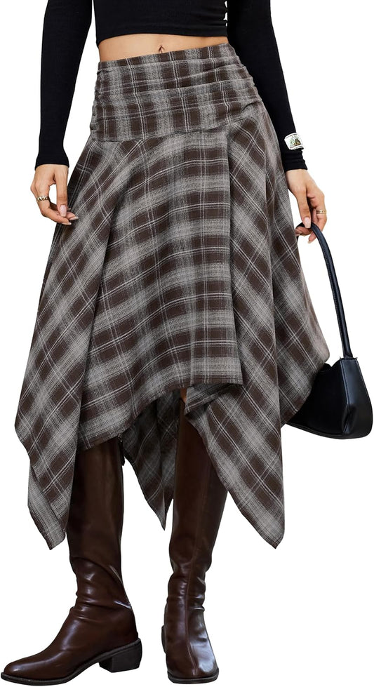 Women Asymmetrical Plaid Midi Skirt Y2k Handkerchief Fall Skirt | High Waist Long Flowy Skirt Vintage Western outfits for Concert.Festival.Casual
