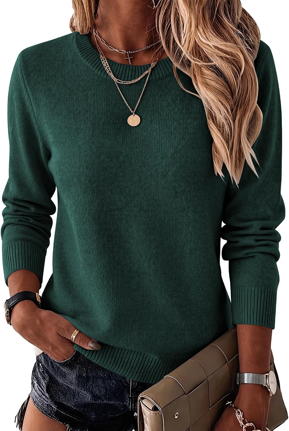 Womens Wool Blend Crewneck Sweater Long Sleeve Soft Knit Pullover Lightweight Business Casual Black Fashion Clothing