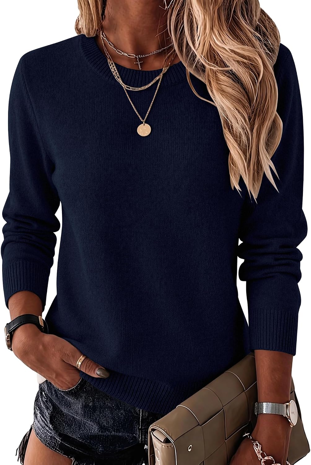 Womens Wool Blend Crewneck Sweater Long Sleeve Soft Knit Pullover Lightweight Business Casual Black Fashion Clothing
