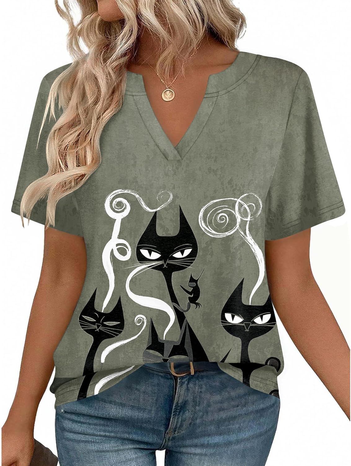Women V Neck Cute Rolled Short Sleeve Shirts Boho
