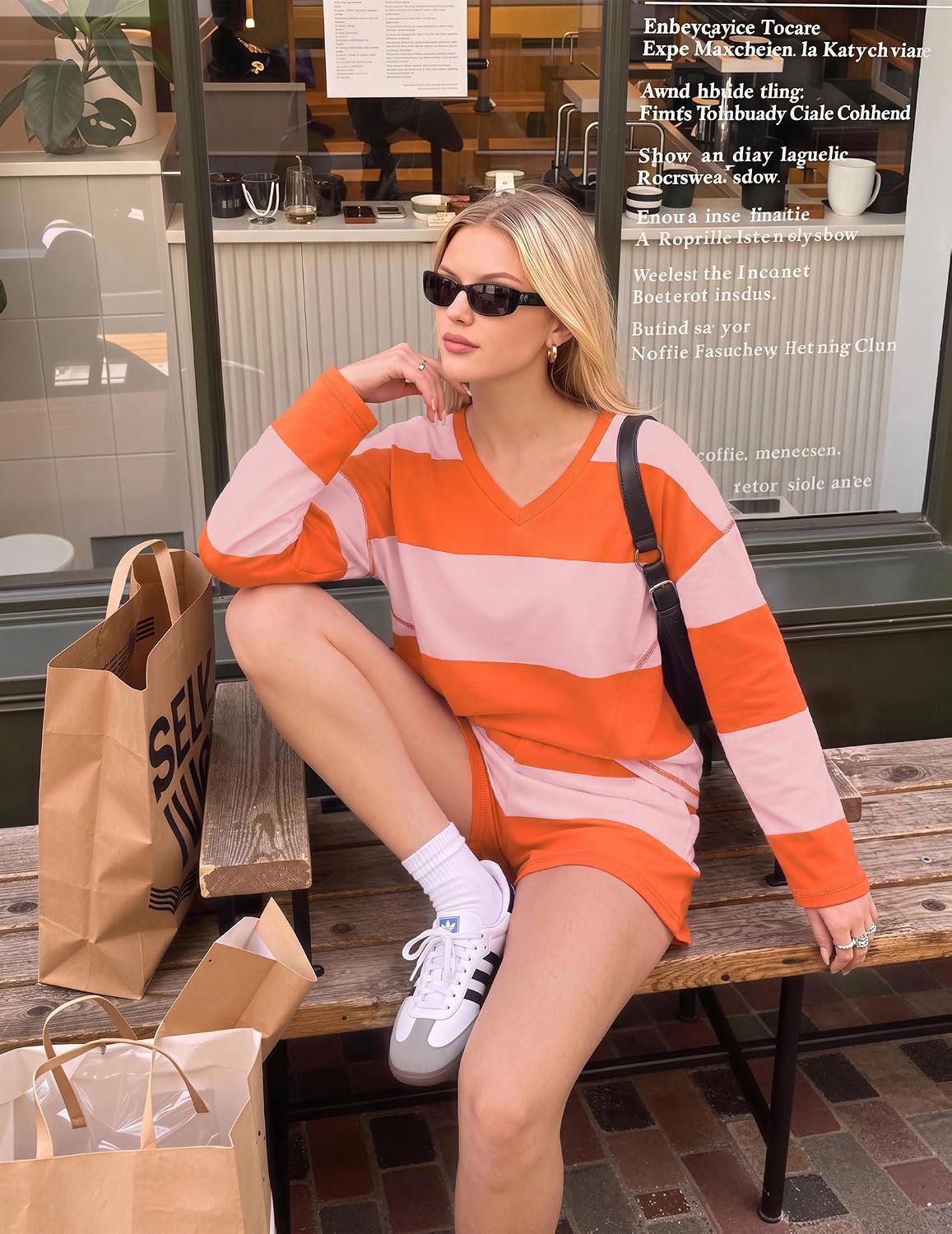 Women Fall Lounge Sets Long Sleeve Shorts Set | Oversized Matching Outfit. 2026 Fall Striped Shirts and Shorts Set.