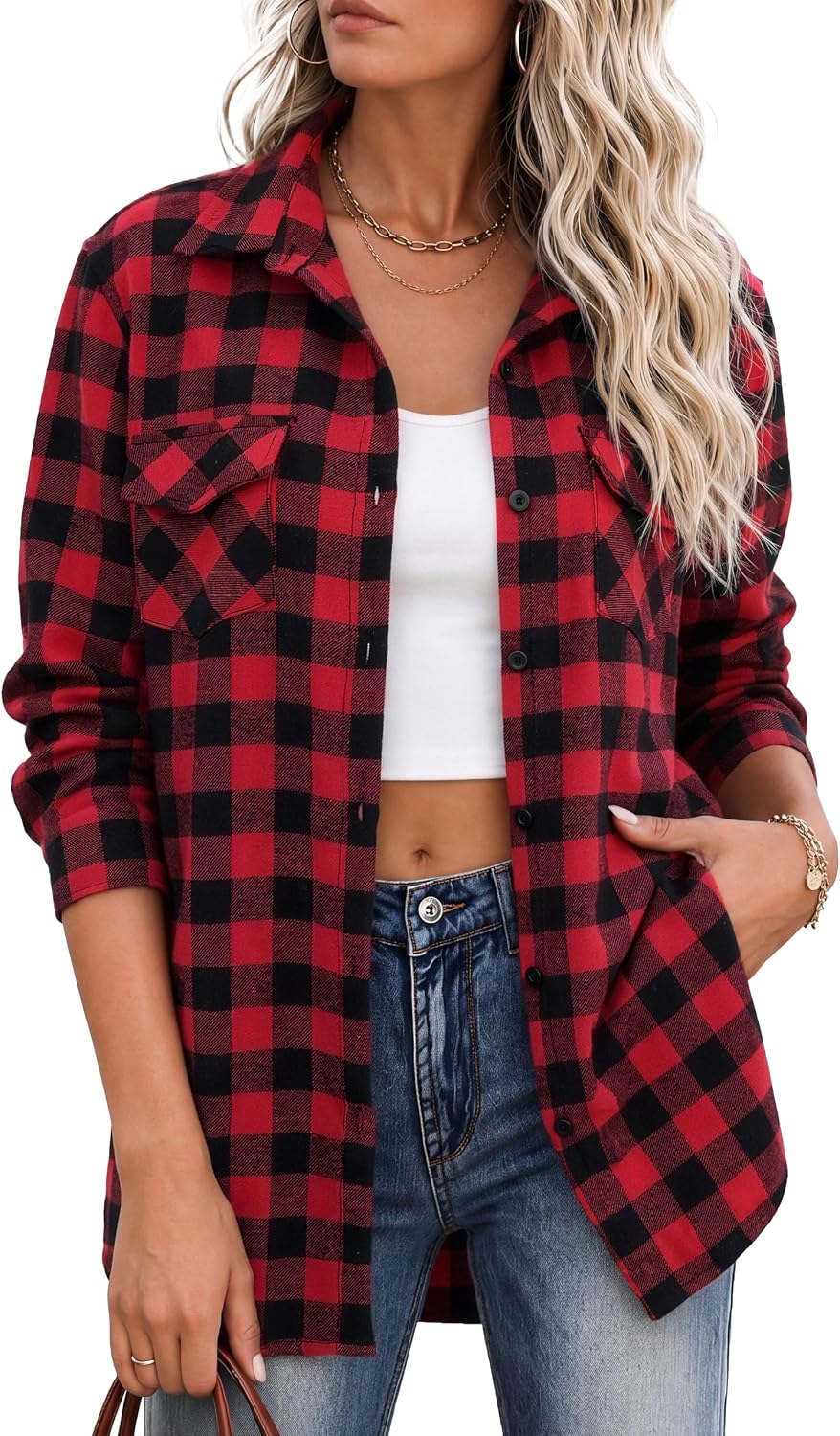 Women's Flannel Shirts Plaid Shacket Cotton Fall Tops with Pockets | Cotton Blend Plaid Material Loose Baggy Shacket Shirt Design 90s Vintage Style Festival Looks