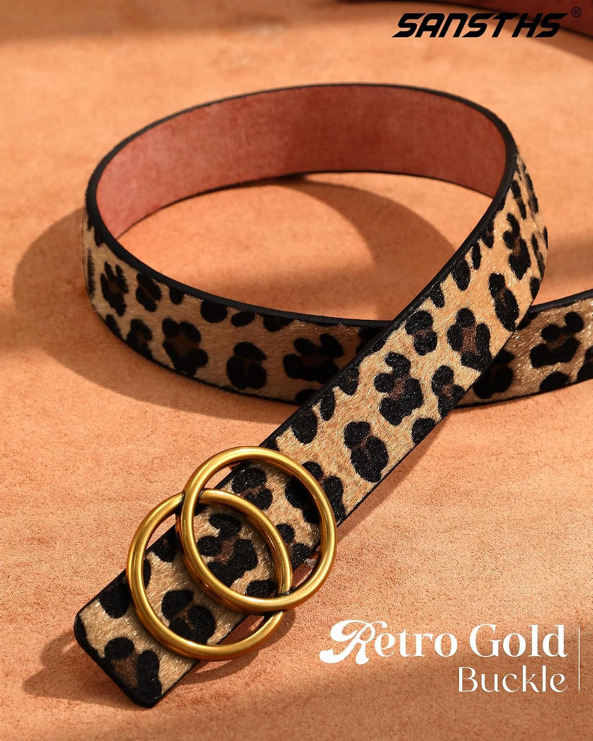 Womens Leather Belt for Jeans Pants Fashion Waist Belts Double Ring Buckle.Gold Buckle.leopard.