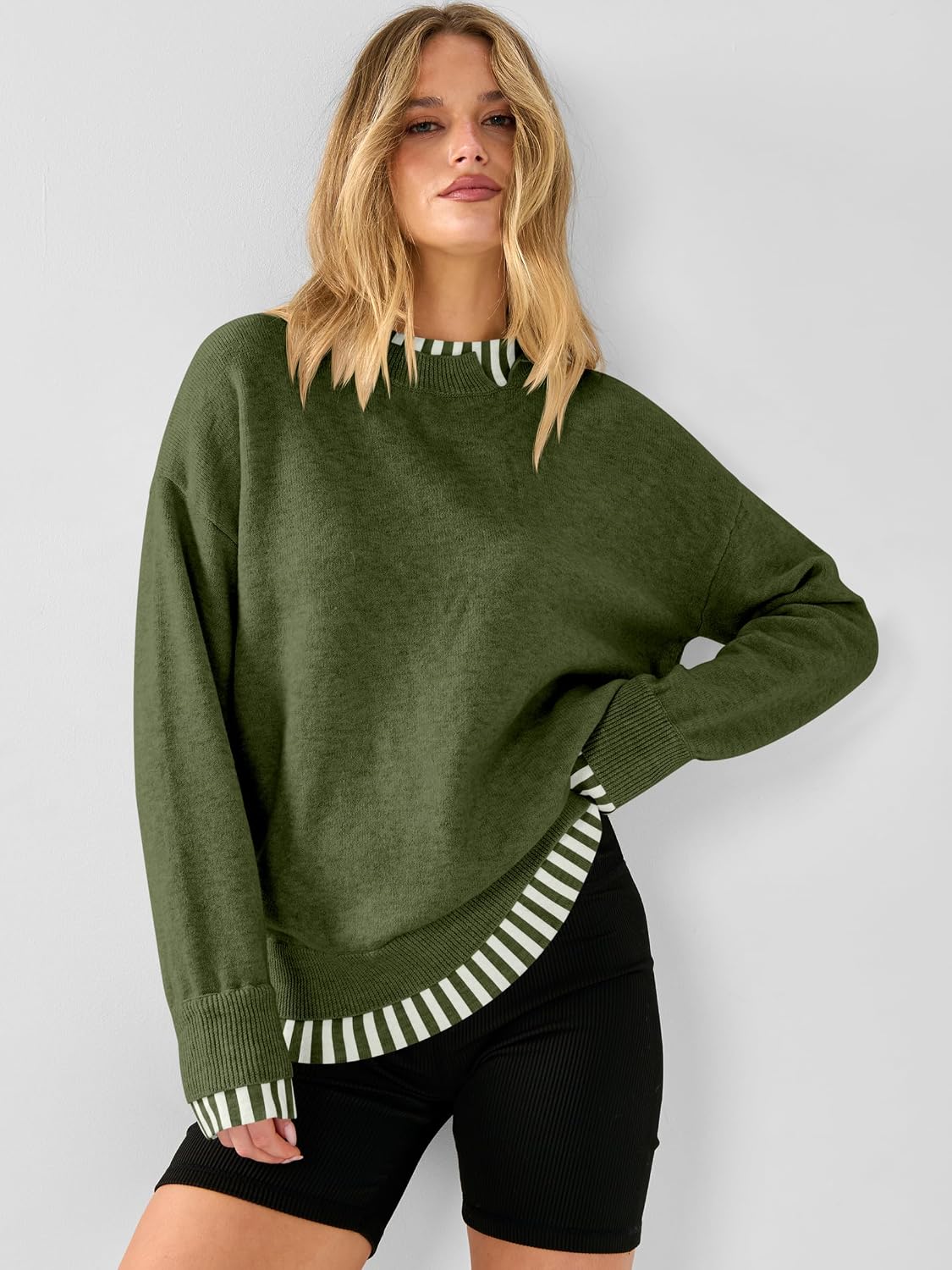 Cozy Knit Teacher School Outfits for Women.Faux Layered Ribbed Trim.Long Sleeve Drop Shoulder