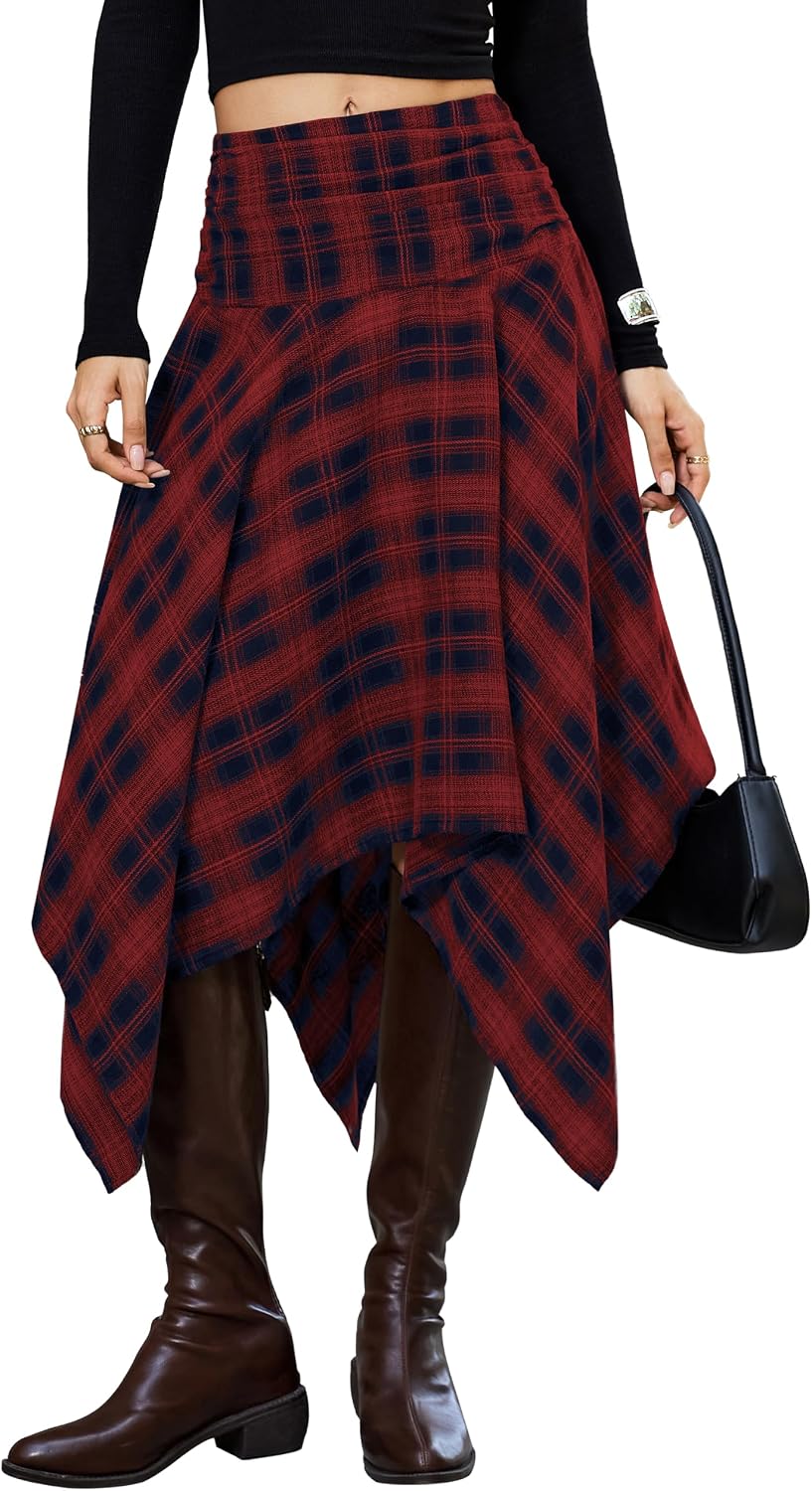 Women Asymmetrical Plaid Midi Skirt Y2k Handkerchief Fall Skirt | High Waist Long Flowy Skirt Vintage Western outfits for Concert.Festival.Casual