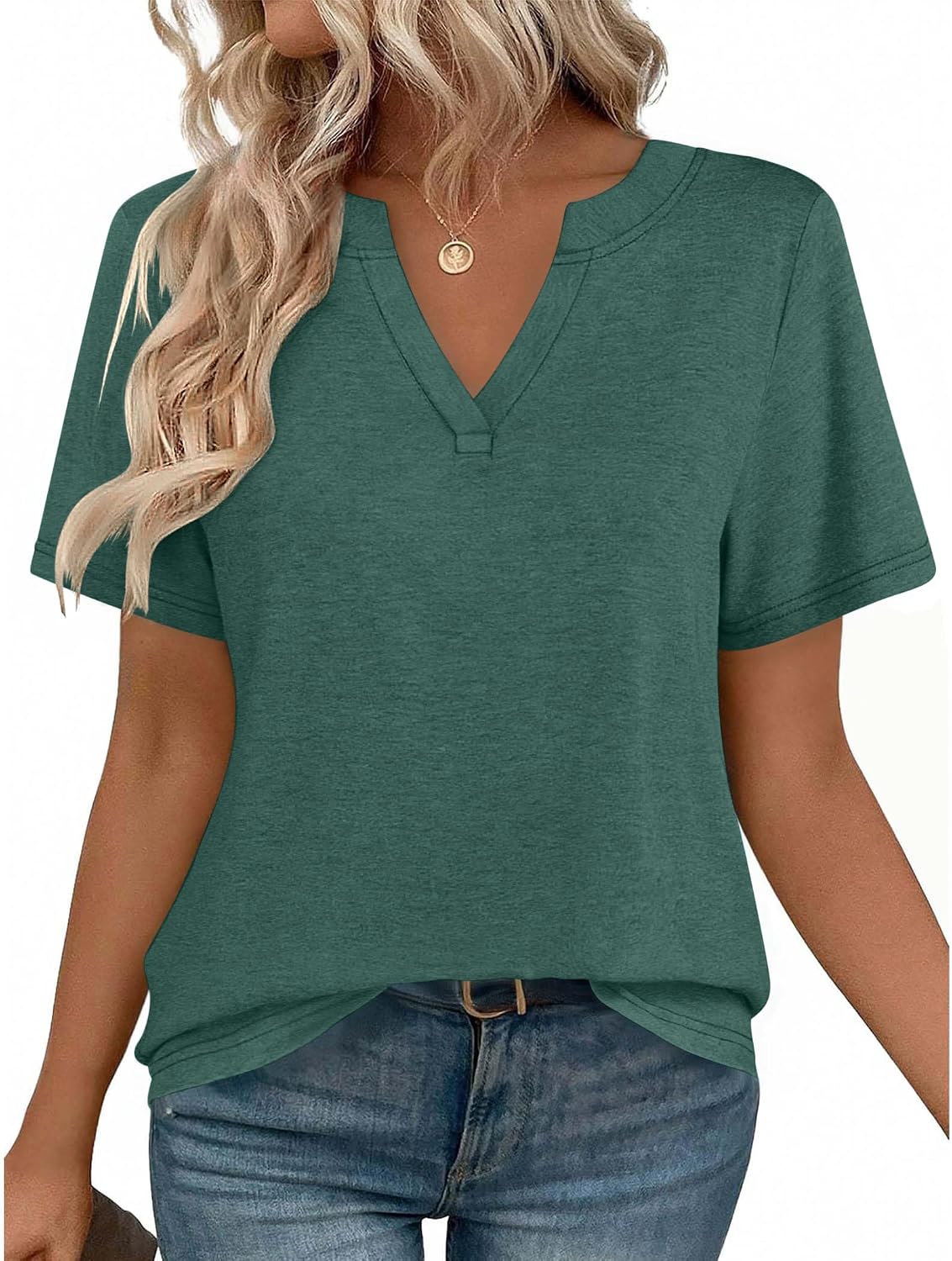 Women V Neck Cute Rolled Short Sleeve Shirts Boho