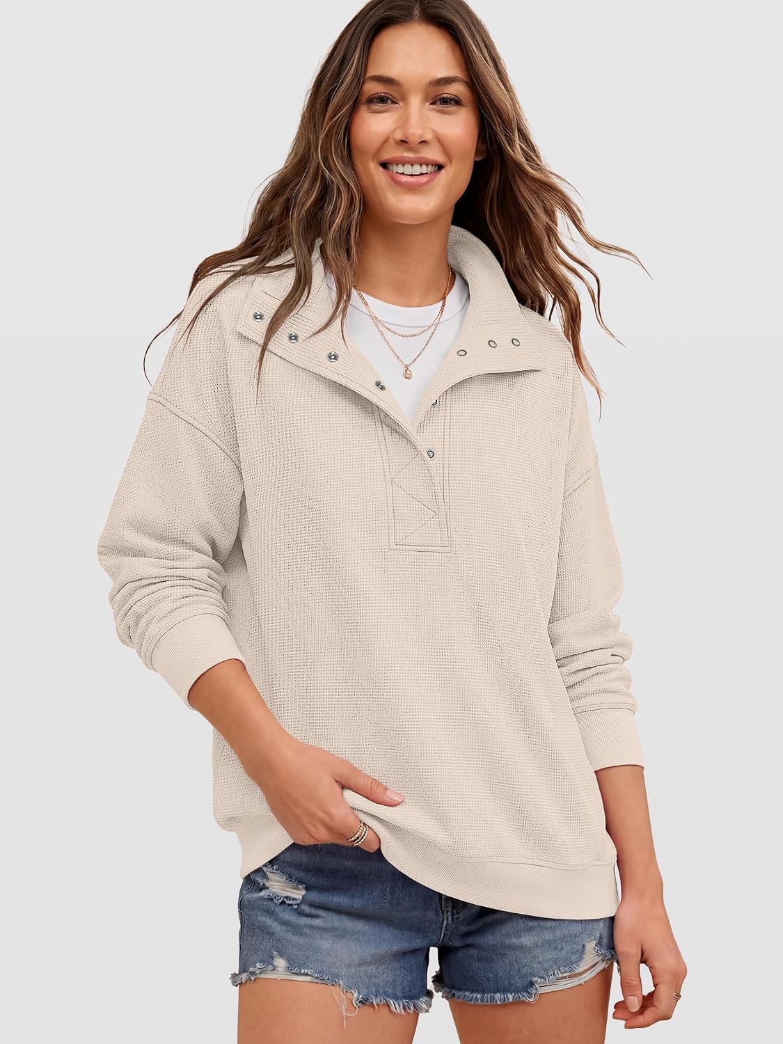 Women Waffle Knit Henley Pullover Tops Beige | Lightweight Comfy Soft Fall Outfits. Long Sleeve Loose Stand Collar Half Button.