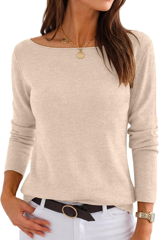 Women's Fall Long Sleeve Boat Neck Lightweight Sweaters | Wool Blend Soft Knit. Comfy Soft Slim Fit Pullover Top. Business Casual Work Outfits.