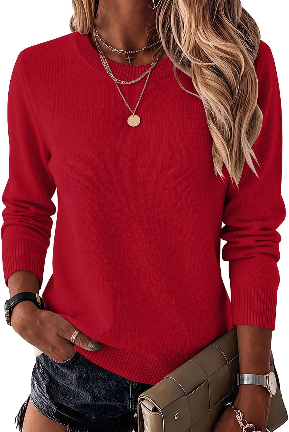 Womens Wool Blend Crewneck Sweater Long Sleeve Soft Knit Pullover Lightweight Business Casual Black Fashion Clothing