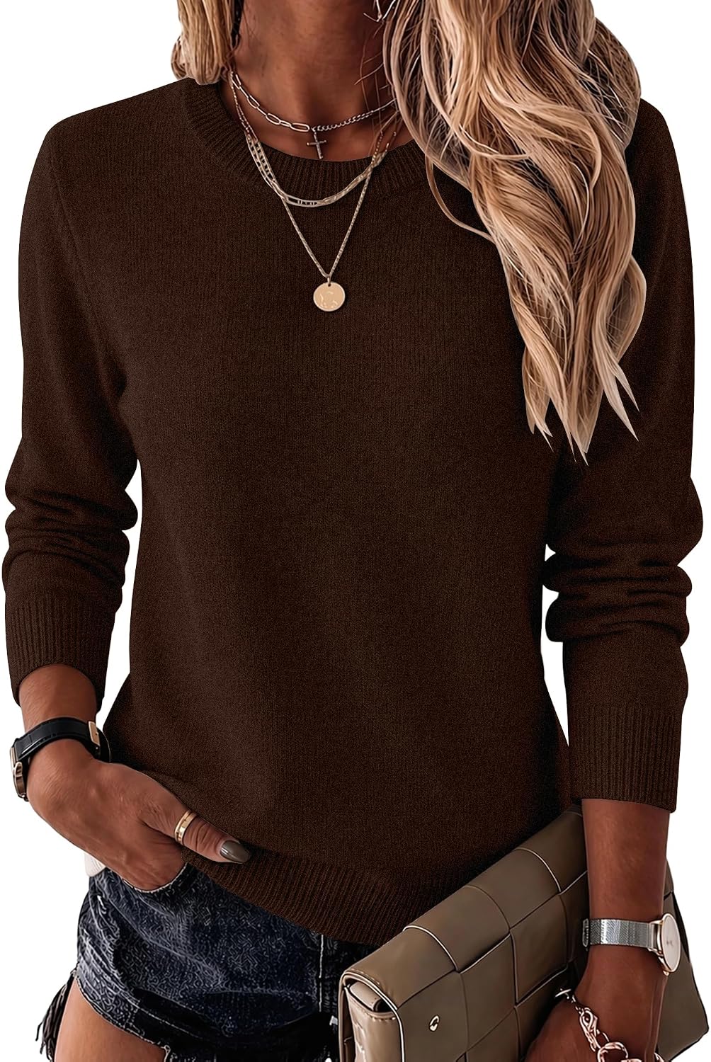 Womens Wool Blend Crewneck Sweater Long Sleeve Soft Knit Pullover Lightweight Business Casual Black Fashion Clothing