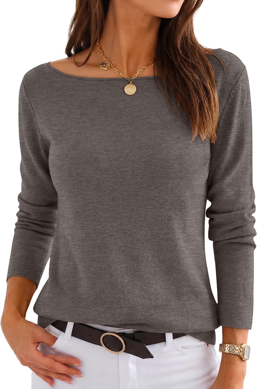 Women's Fall Long Sleeve Boat Neck Lightweight Sweaters | Wool Blend Soft Knit. Comfy Soft Slim Fit Pullover Top. Business Casual Work Outfits.