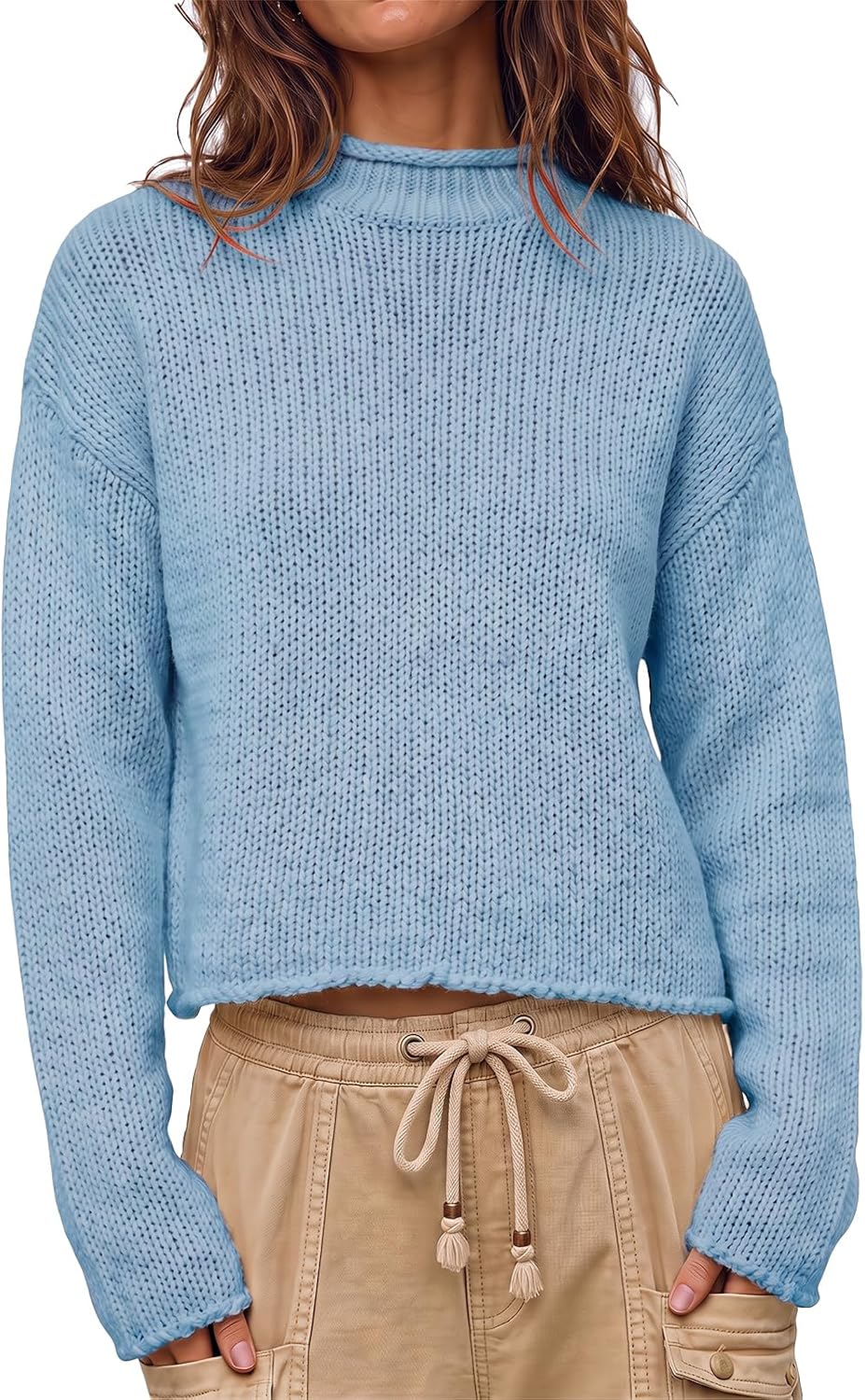 Womens Cropped Sweater Rolled Neck Knit Fall Pullover Tops Navy | Oversized.Mock Neck.Trendy Casual.Long Sleeve.Warm Winter.Loose Fit.Fall.Winter.
