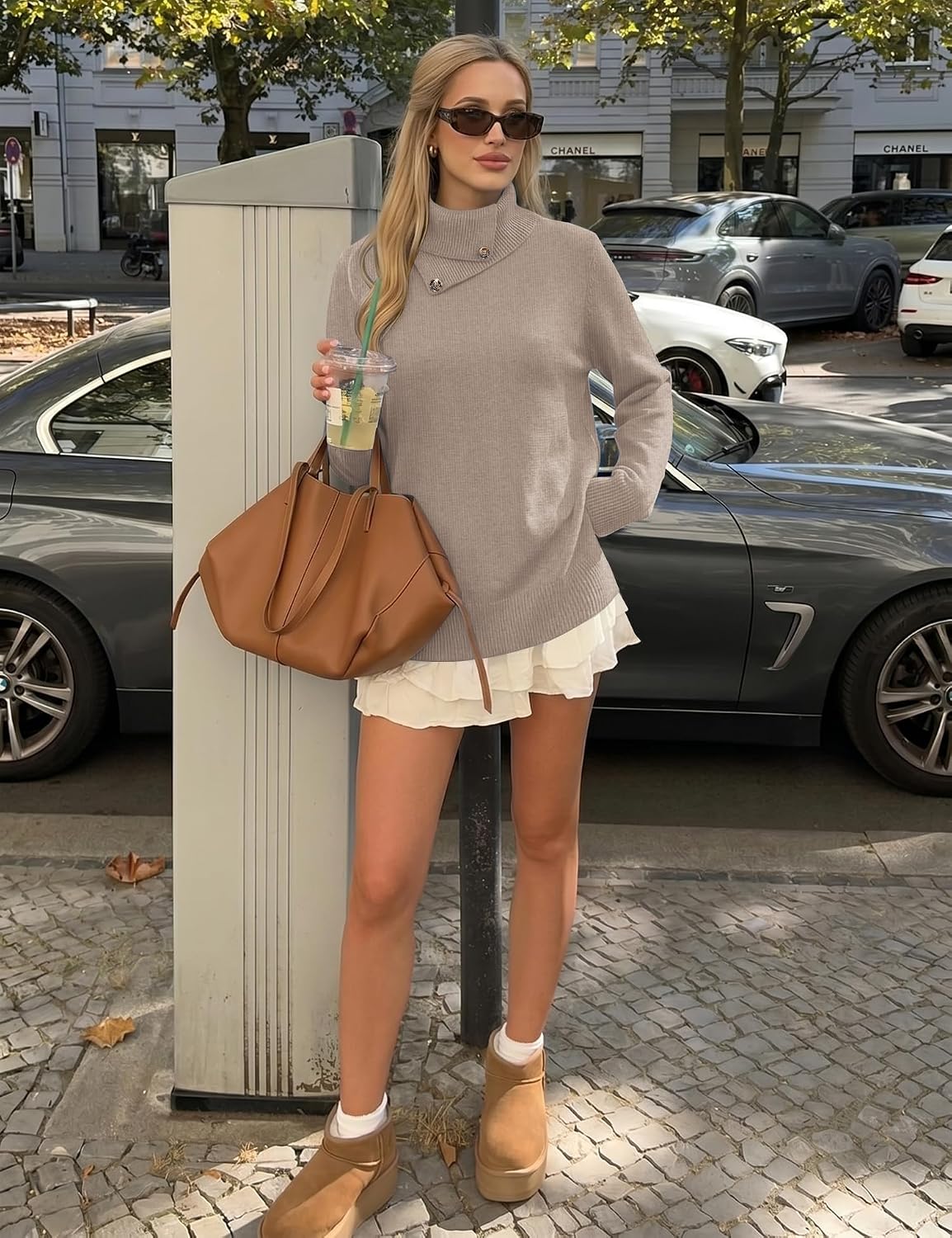 Long Sleeve High Neck Knit Cozy Pullover Sweater with Metal Button.