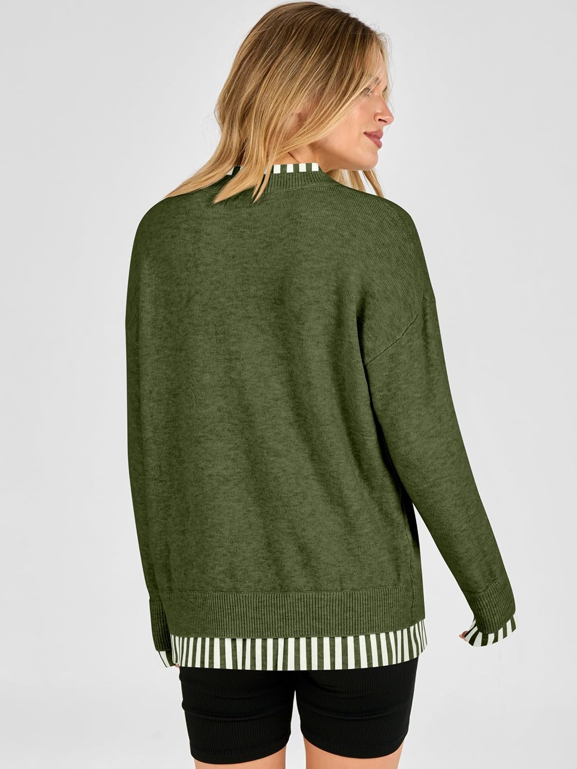 Cozy Knit Teacher School Outfits for Women.Faux Layered Ribbed Trim.Long Sleeve Drop Shoulder