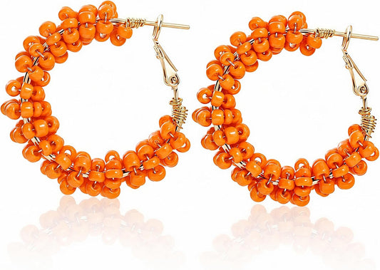 Colorful Beaded Hoop Earrings for Women. Handmade Style Boho Jewelry (Orange)