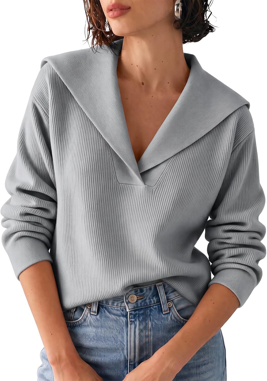 Womens Pullover Sweaters Lapel Collar V Neck Long Sleeve Sweater | Ribbed Knit. Coastal Sailor Collar. Quiet Luxury. Lightweight. Casual Tops.