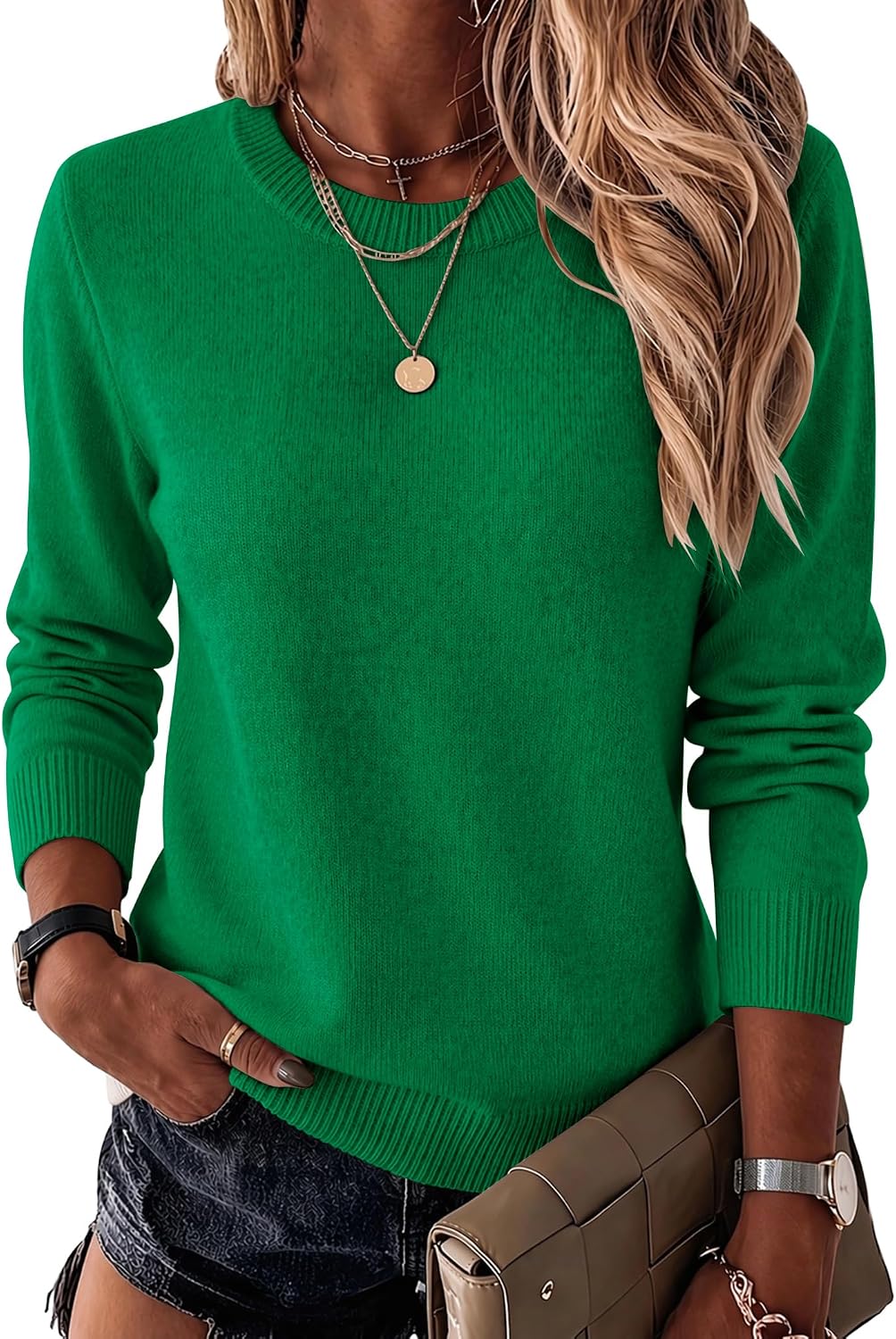 Womens Wool Blend Crewneck Sweater Long Sleeve Soft Knit Pullover Lightweight Business Casual Black Fashion Clothing