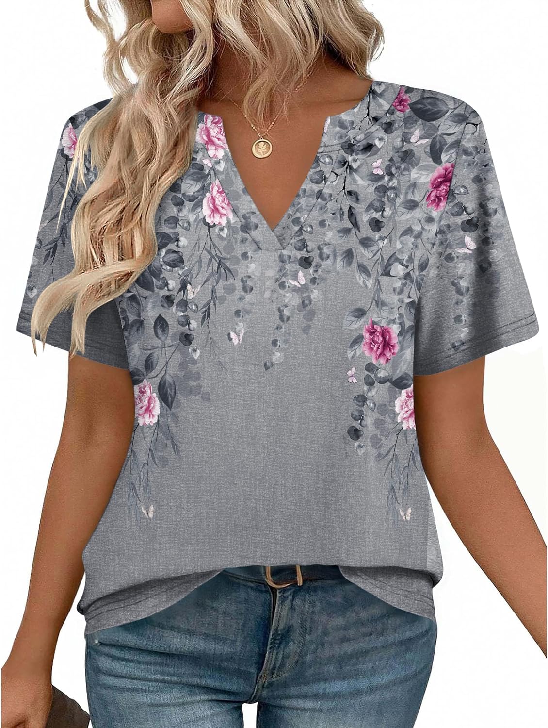 Women V Neck Cute Rolled Short Sleeve Shirts Boho