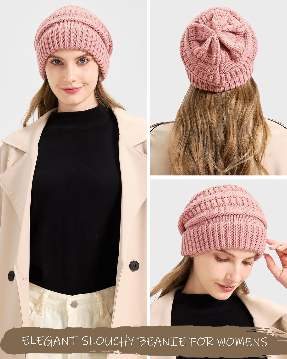 Women Thick Wool Winter Beanies Hats | 50% Wool Warm Knitting Slouch Hat for Womens Ladies Girls .