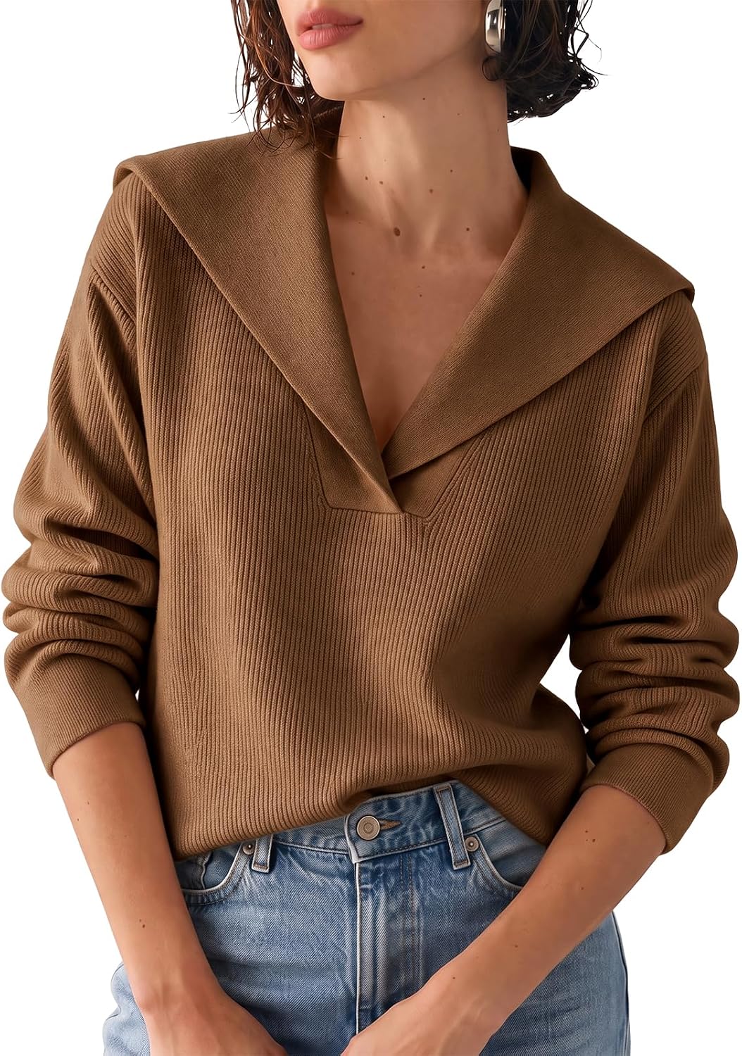 Womens Pullover Sweaters Lapel Collar V Neck Long Sleeve Sweater | Ribbed Knit. Coastal Sailor Collar. Quiet Luxury. Lightweight. Casual Tops.