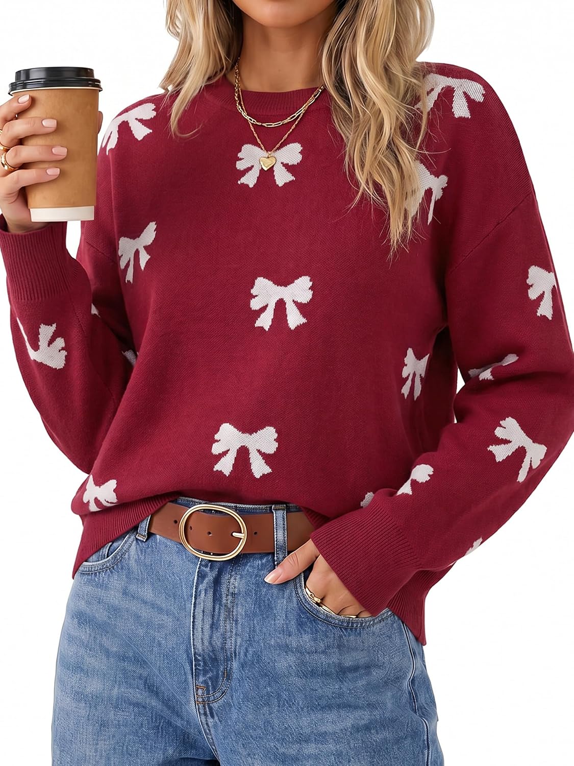 Women's Wool Blend Relaxed Fit Crew Neck Long Sleeve Trendy Sweaters Fall Winter Polka Dot Beige