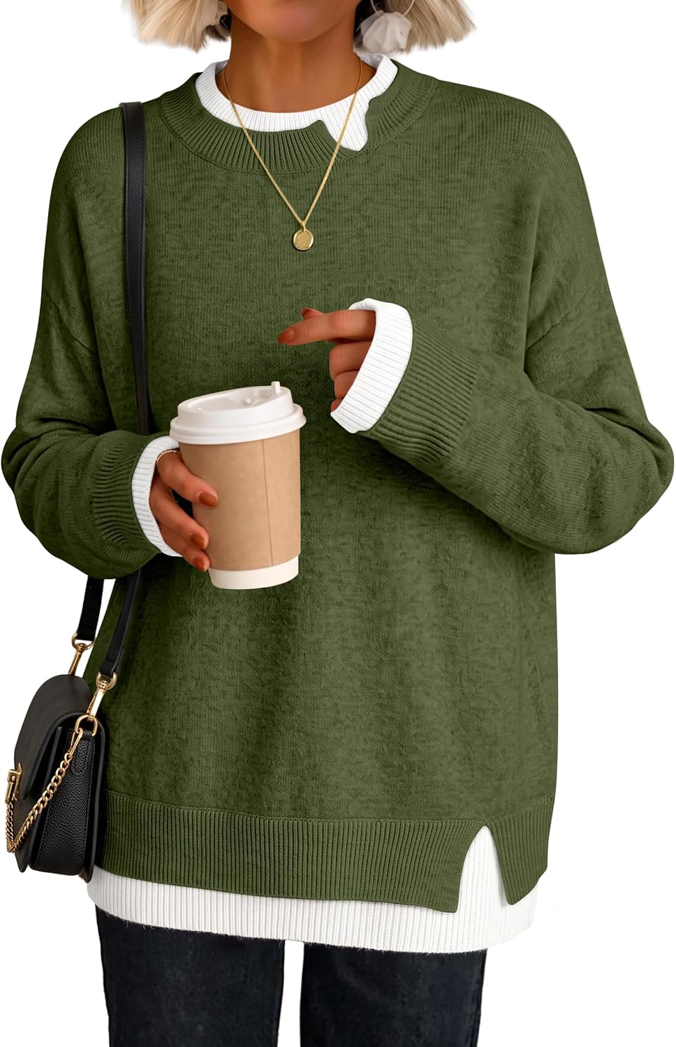 Cozy Knit Teacher School Outfits for Women.Faux Layered Ribbed Trim.Long Sleeve Drop Shoulder