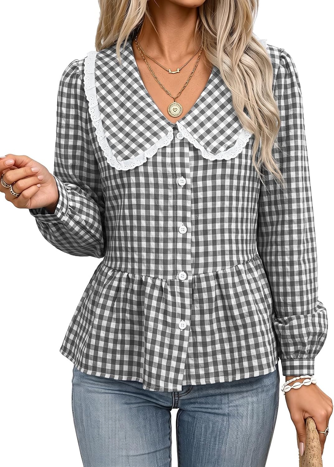 Womens Plaid Shirt Peter Pan Collar Casual Fall Blouse Beige M | Cute Trendy Dressy Casual Cotton Blouses. Cinched Waist. Babydoll Tops. Business Work Office Clothes. Fall Outfits 2026