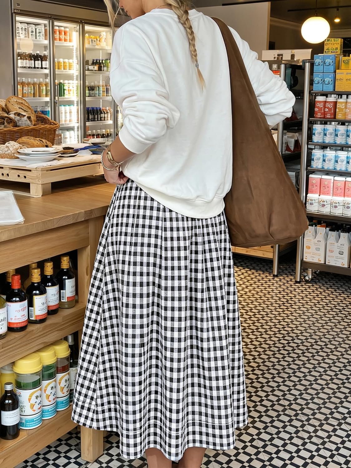 Gingham Skirt Women Midi Length A Line High Waist Skirts | Black White Plaid. Trendy Flowy Skirt with Pocket. Pleated Skirts for Wedding Vacation. Business Casual.
