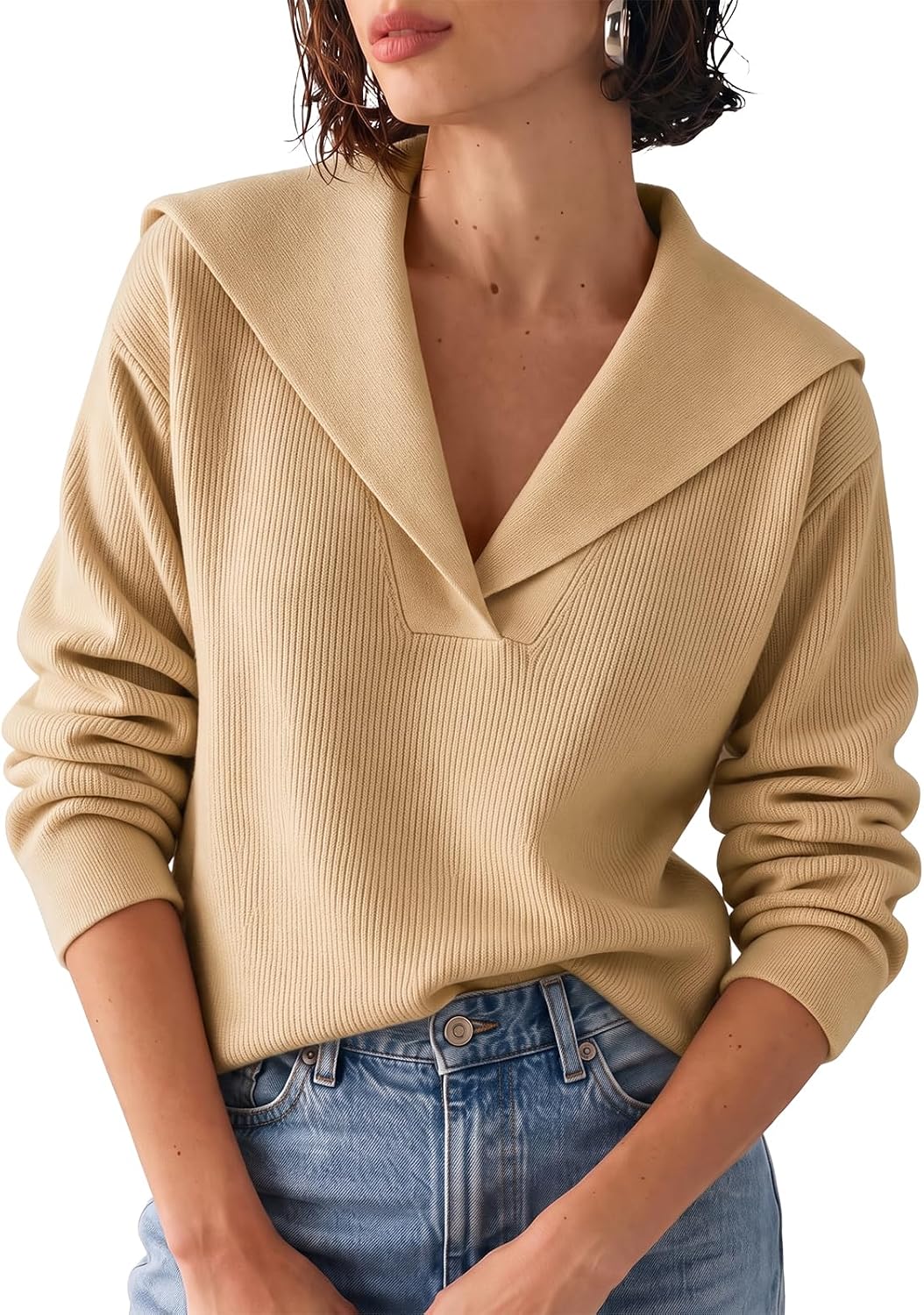Womens Pullover Sweaters Lapel Collar V Neck Long Sleeve Sweater | Ribbed Knit. Coastal Sailor Collar. Quiet Luxury. Lightweight. Casual Tops.