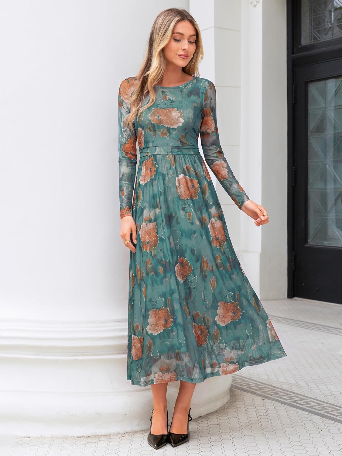 Womens Fall Floral Long Sleeve Cocktail Wedding Guest Maxi Dress | Elegant Semi Formal. Winter Holiday Party. A Line Flowy. Boho Long Dress. Ruched High Waist.