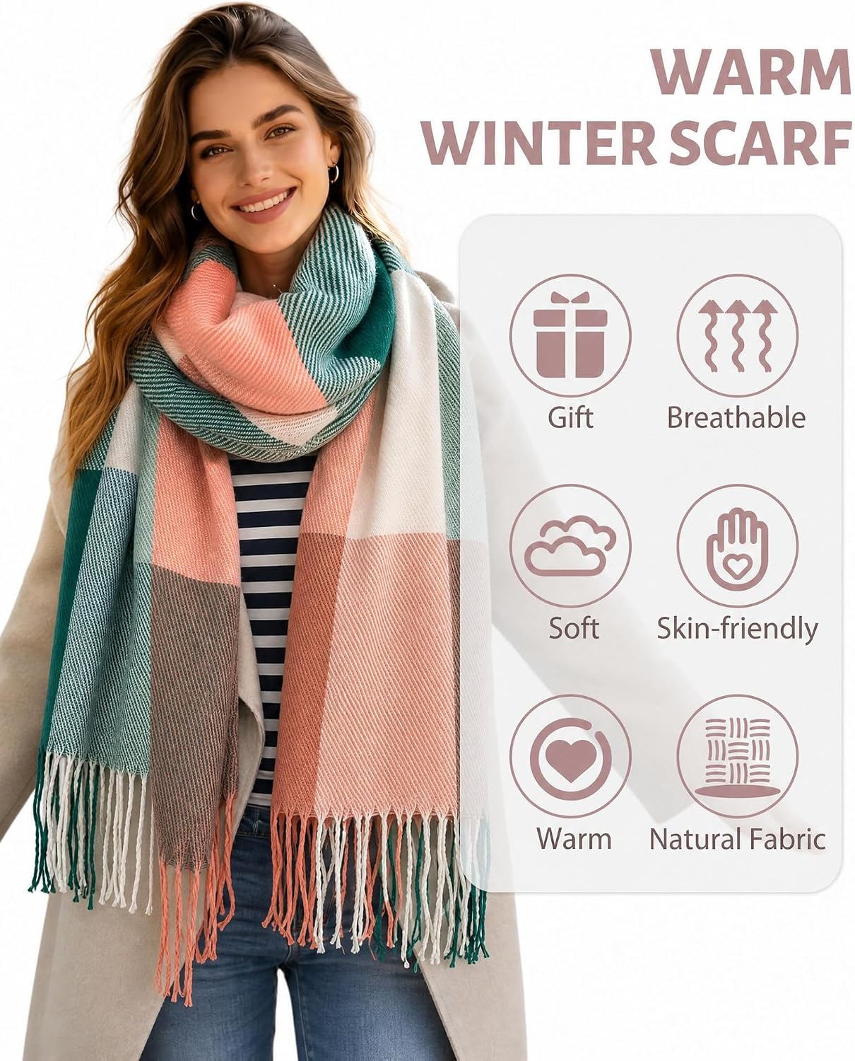Women Long Plaid Scarves Ladies Gifts | Warm Cashmere-Like Softness. Chic Plaid Design. Versatile Wrap Shawl. Oversized Blanket Scarf.