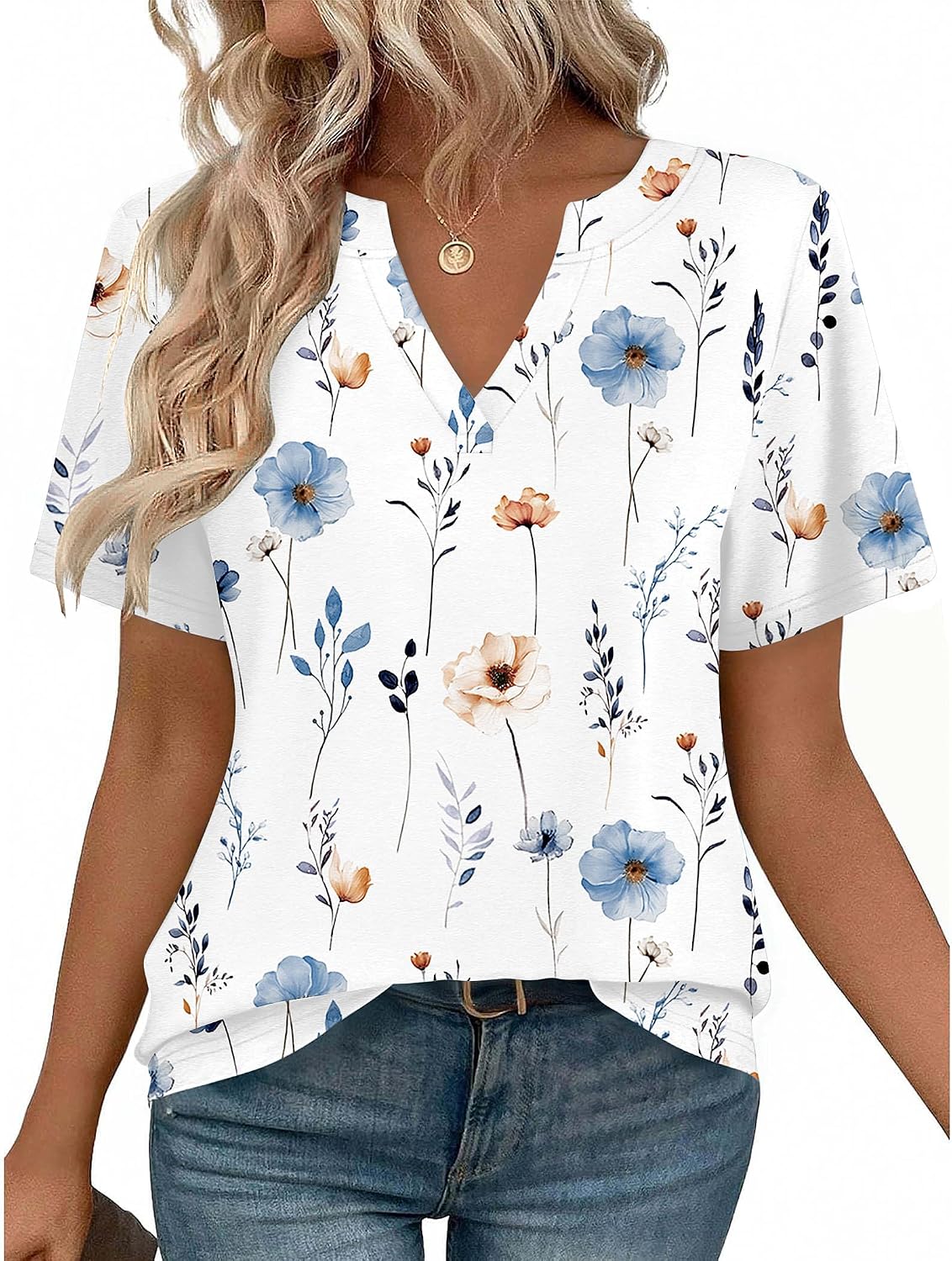 Women V Neck Cute Rolled Short Sleeve Shirts Boho