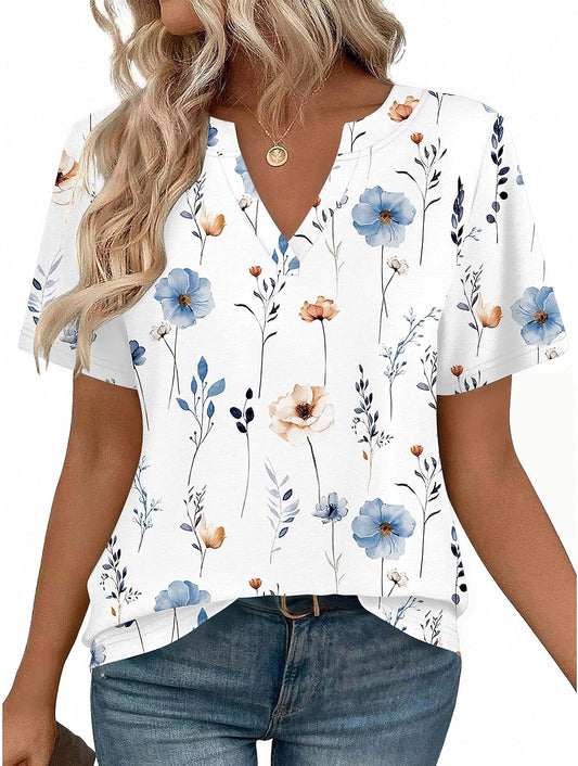 Women V Neck Cute Rolled Short Sleeve Shirts Boho