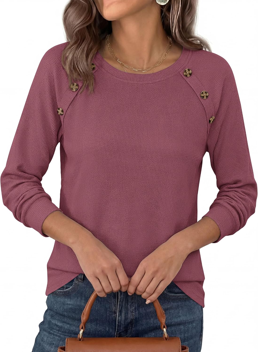 Soft Stretchy Tops. Casual Crew Neck. Raglan Sleeves with Deco Buttons. Loose Fit Tunics.
