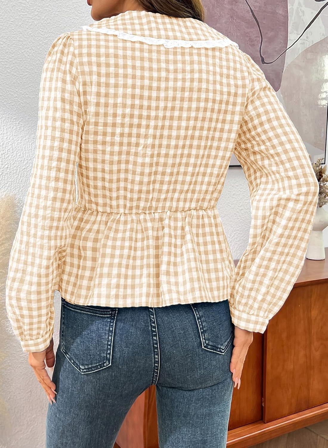 Womens Plaid Shirt Peter Pan Collar Casual Fall Blouse Beige M | Cute Trendy Dressy Casual Cotton Blouses. Cinched Waist. Babydoll Tops. Business Work Office Clothes. Fall Outfits 2026