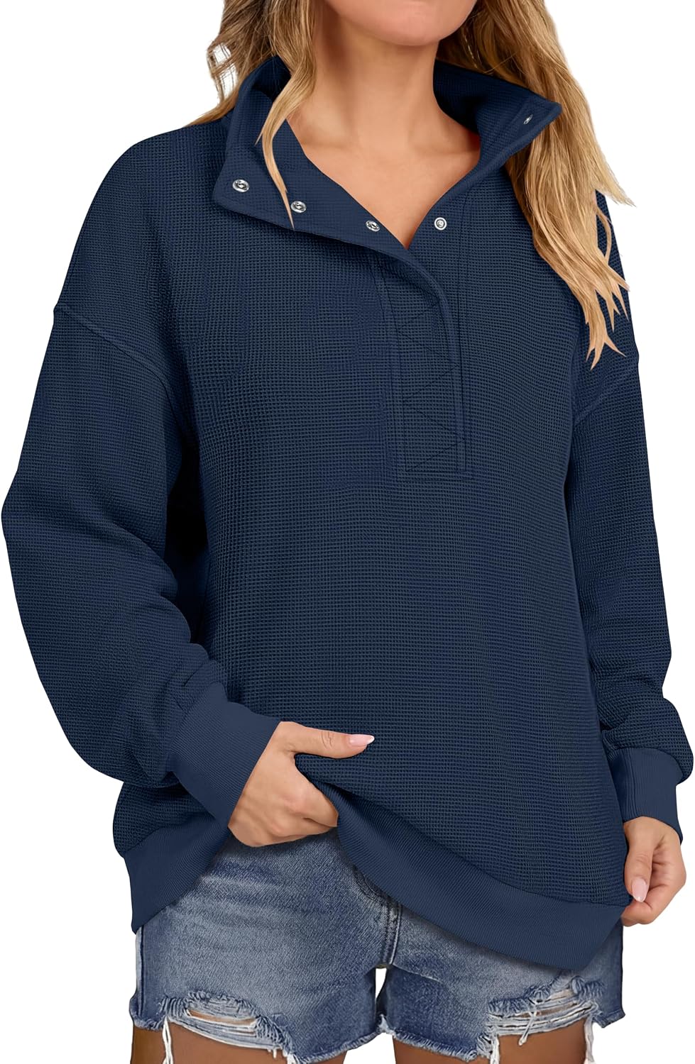 Women Waffle Knit Henley Pullover Tops Beige | Lightweight Comfy Soft Fall Outfits. Long Sleeve Loose Stand Collar Half Button.
