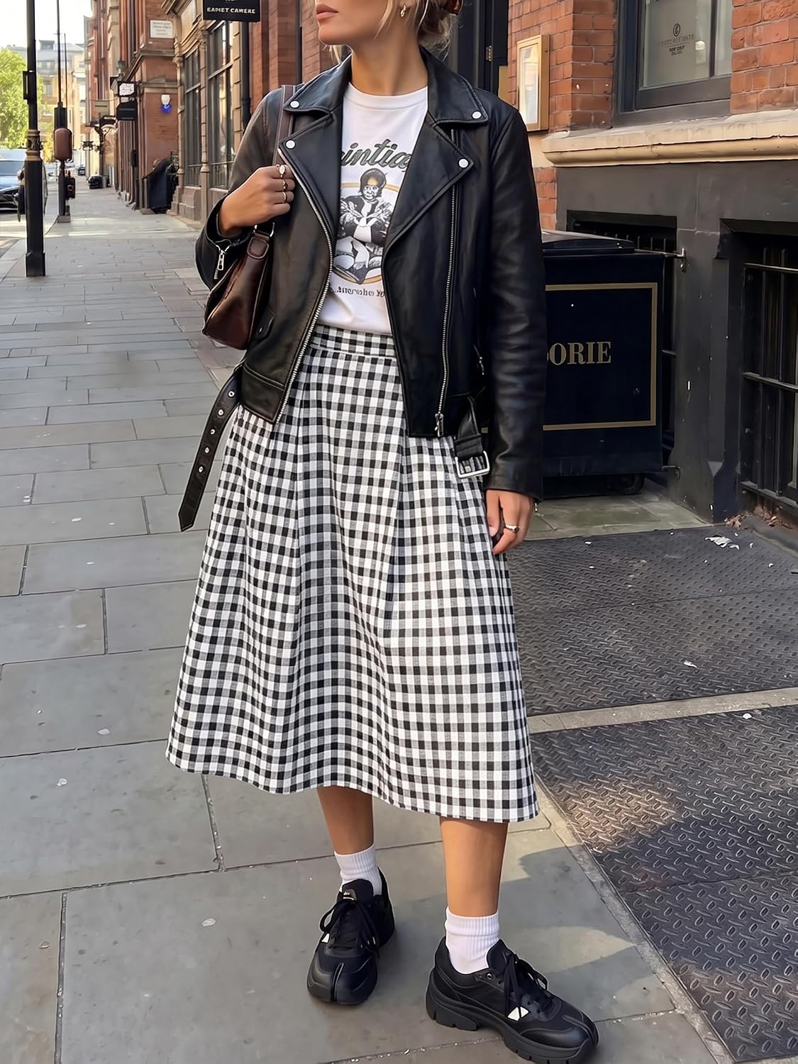 Gingham Skirt Women Midi Length A Line High Waist Skirts | Black White Plaid. Trendy Flowy Skirt with Pocket. Pleated Skirts for Wedding Vacation. Business Casual.