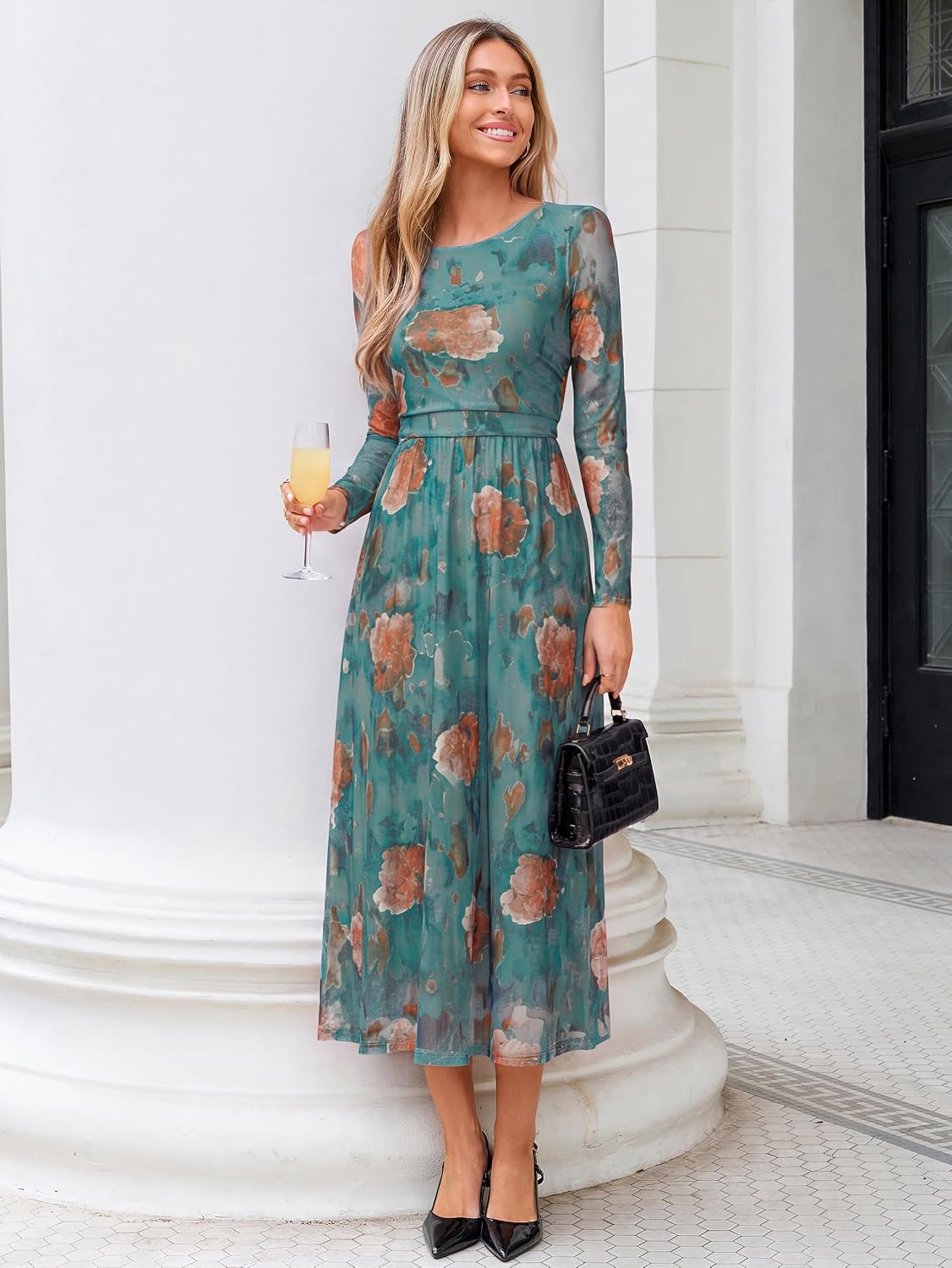 Womens Fall Floral Long Sleeve Cocktail Wedding Guest Maxi Dress | Elegant Semi Formal. Winter Holiday Party. A Line Flowy. Boho Long Dress. Ruched High Waist.