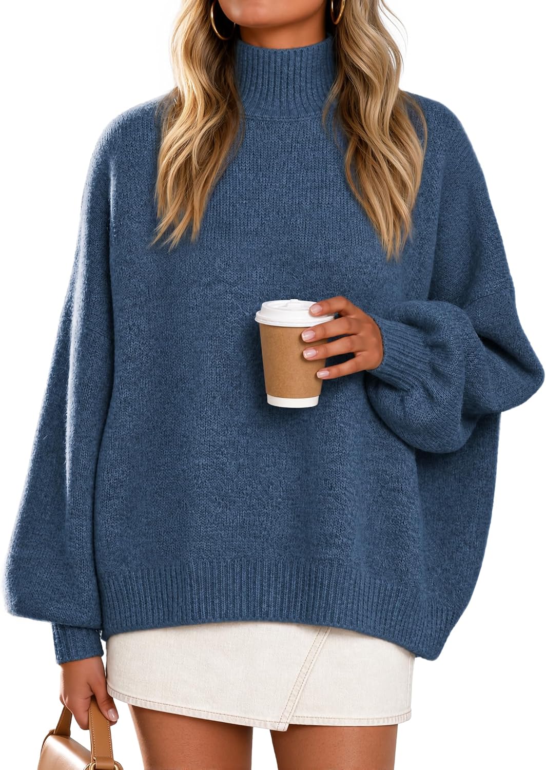 Women's Fall Winter Long Sleeve Turtleneck Oversized Sweaters Coffee | Work Casual Sweater. Lantern Sleeve.