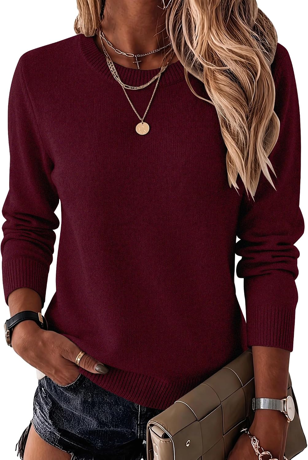 Womens Wool Blend Crewneck Sweater Long Sleeve Soft Knit Pullover Lightweight Business Casual Black Fashion Clothing