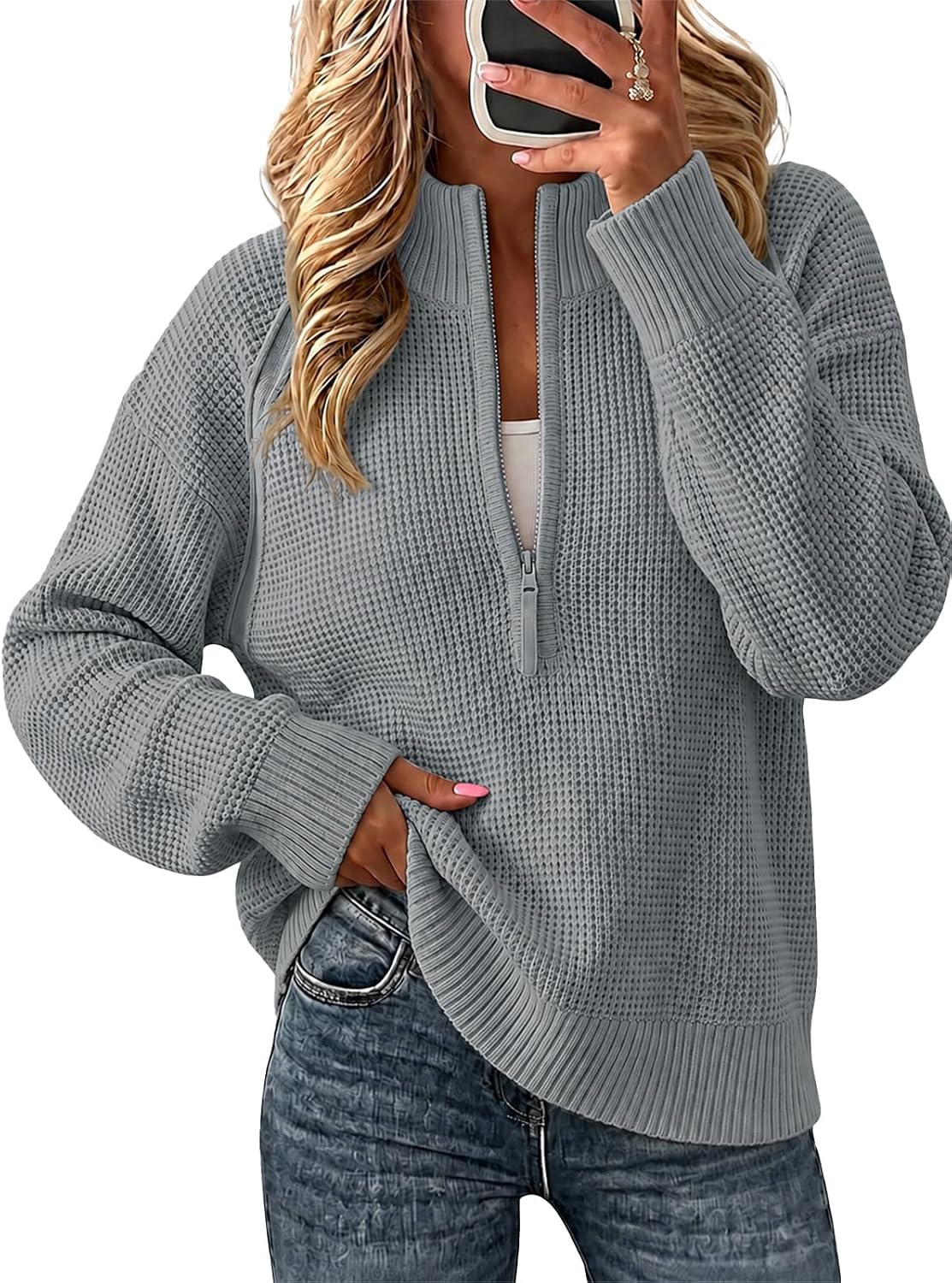 Womens Quarter Zip Pullover Sweaters Waffle Knit Long Sleeve Tops | Thumb Hole. Collared. Half Zip. Casual. Ribbed Sweatshirts. Loose Fit. V-neck.