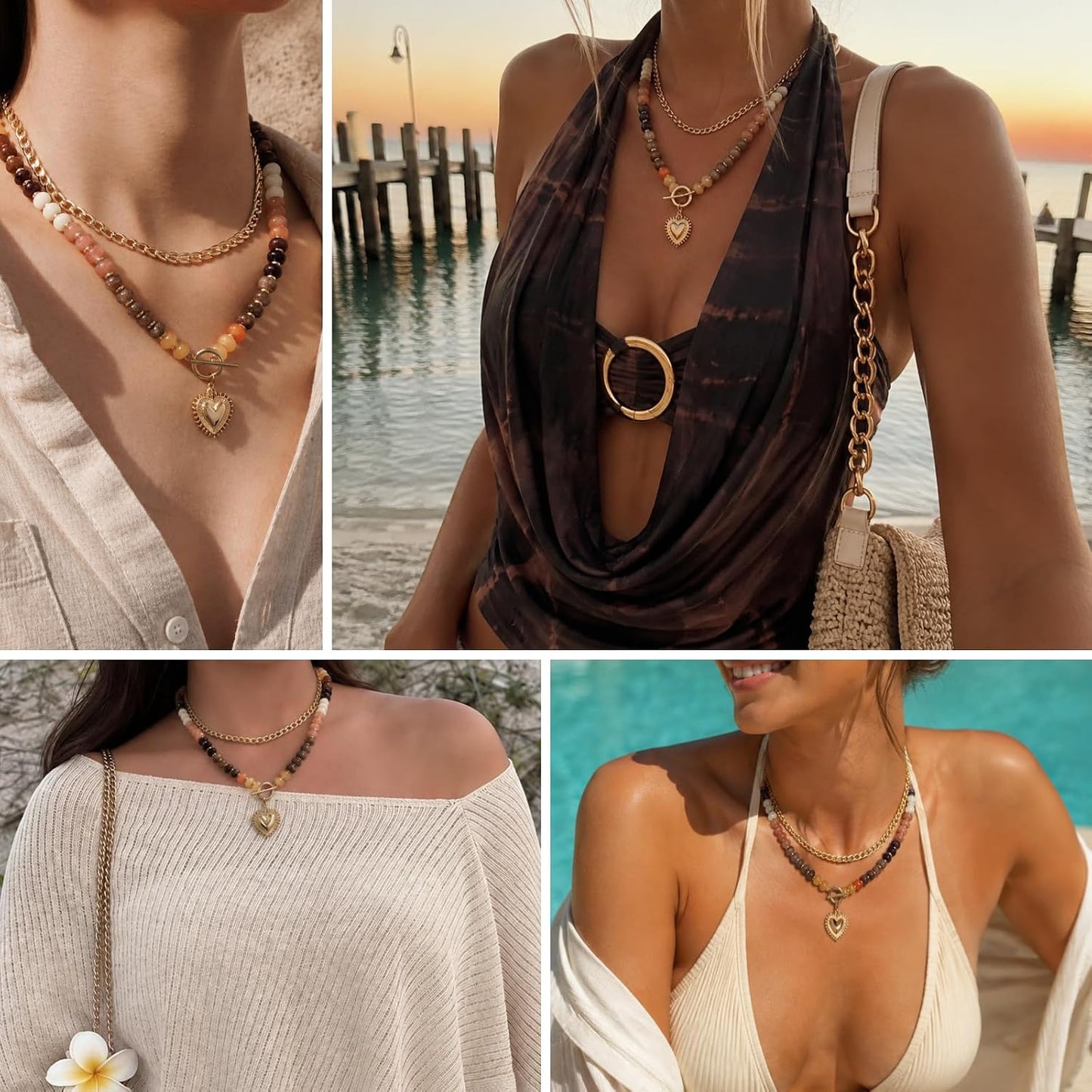 Trendy Statement Stack Necklace. Boho Beach Jewelry Gift with Heart Charm. Stone bead. Gold Pendant and Toggle Clasp