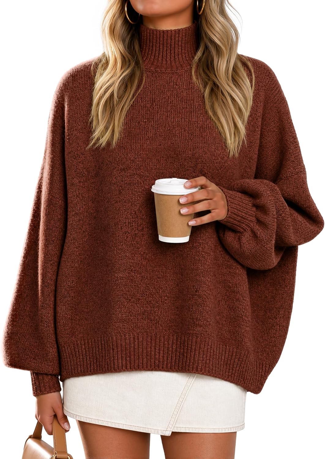 Women's Fall Winter Long Sleeve Turtleneck Oversized Sweaters Coffee | Work Casual Sweater. Lantern Sleeve.