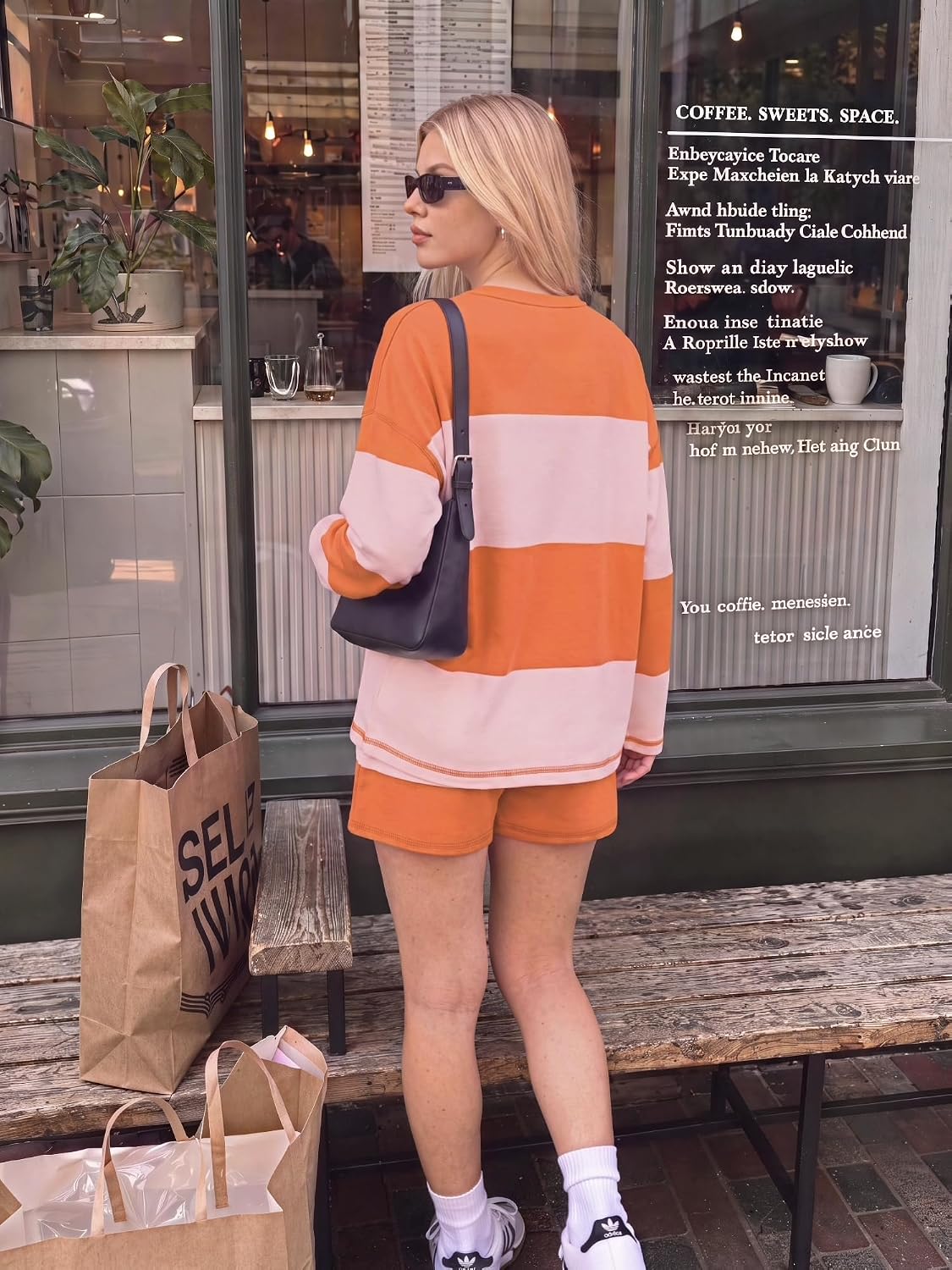 Women Fall Lounge Sets Long Sleeve Shorts Set | Oversized Matching Outfit. 2026 Fall Striped Shirts and Shorts Set.
