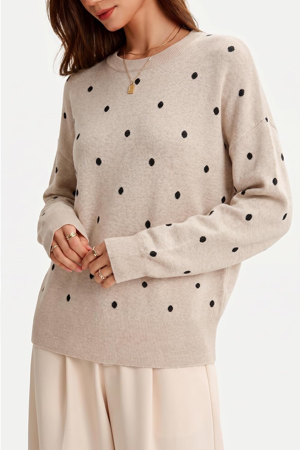 Women's Wool Blend Relaxed Fit Crew Neck Long Sleeve Trendy Sweaters Fall Winter Polka Dot Beige