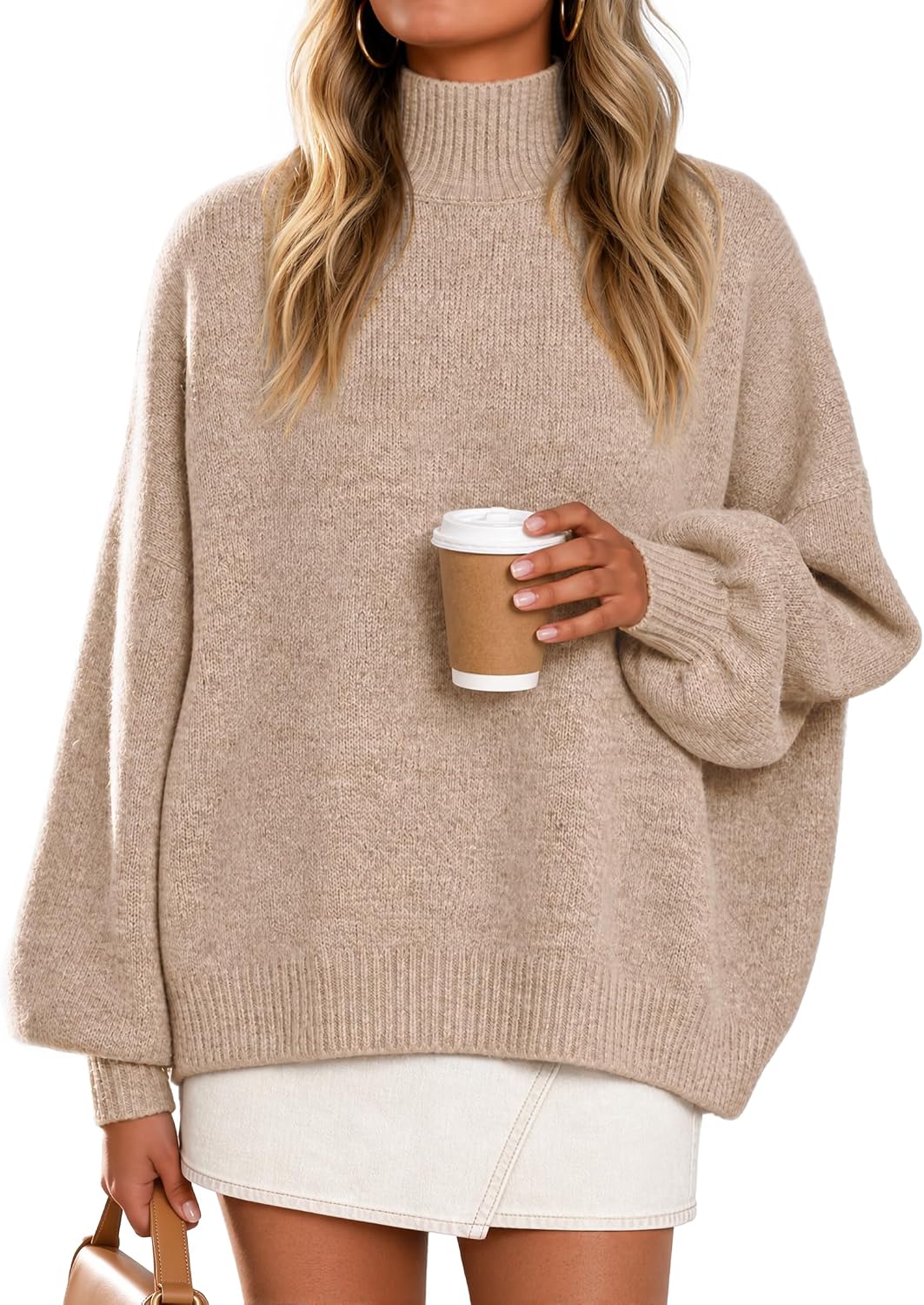 Women's Fall Winter Long Sleeve Turtleneck Oversized Sweaters Coffee | Work Casual Sweater. Lantern Sleeve.